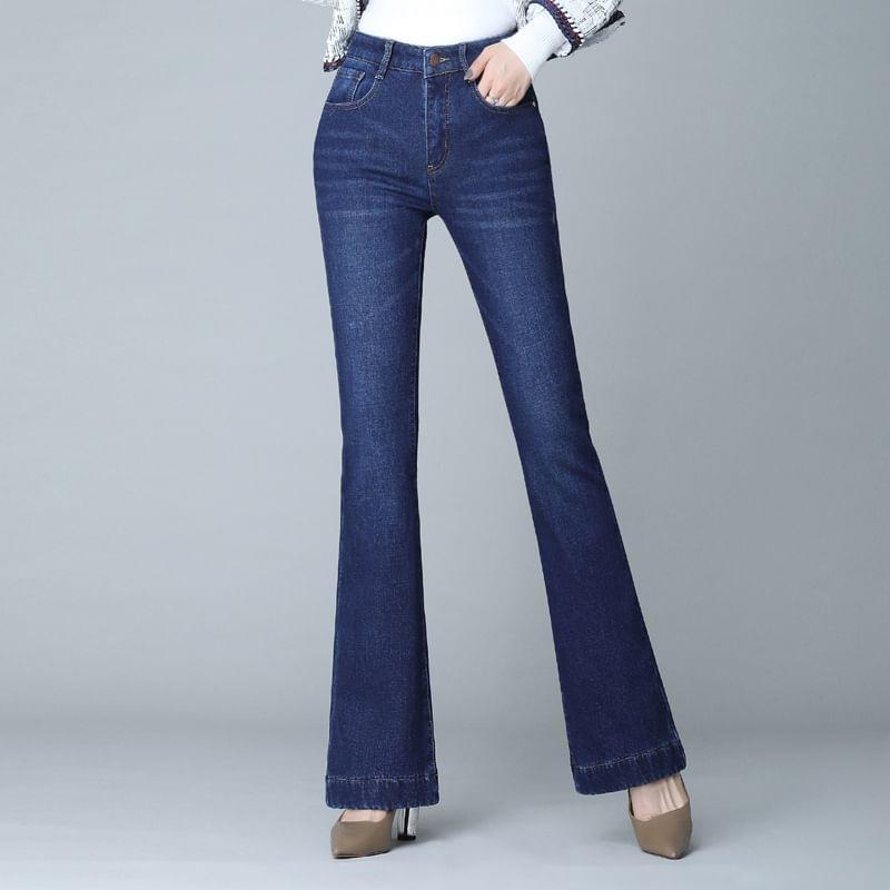 High Waist Washed Fleece-Lined Wide Leg Jeans (Various Designs) Product Image