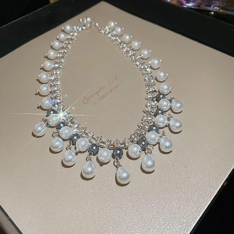 Rhinestone Faux Pearl Fringed Necklace Product Image