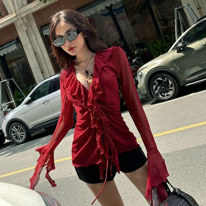 Long-Sleeve Ruffle Trim Mesh Slim Fit Top Product Image