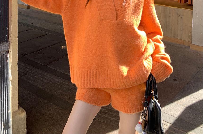 V-Neck Plain Oversized Sweater / High Waist Plain Knit Shorts Product Image