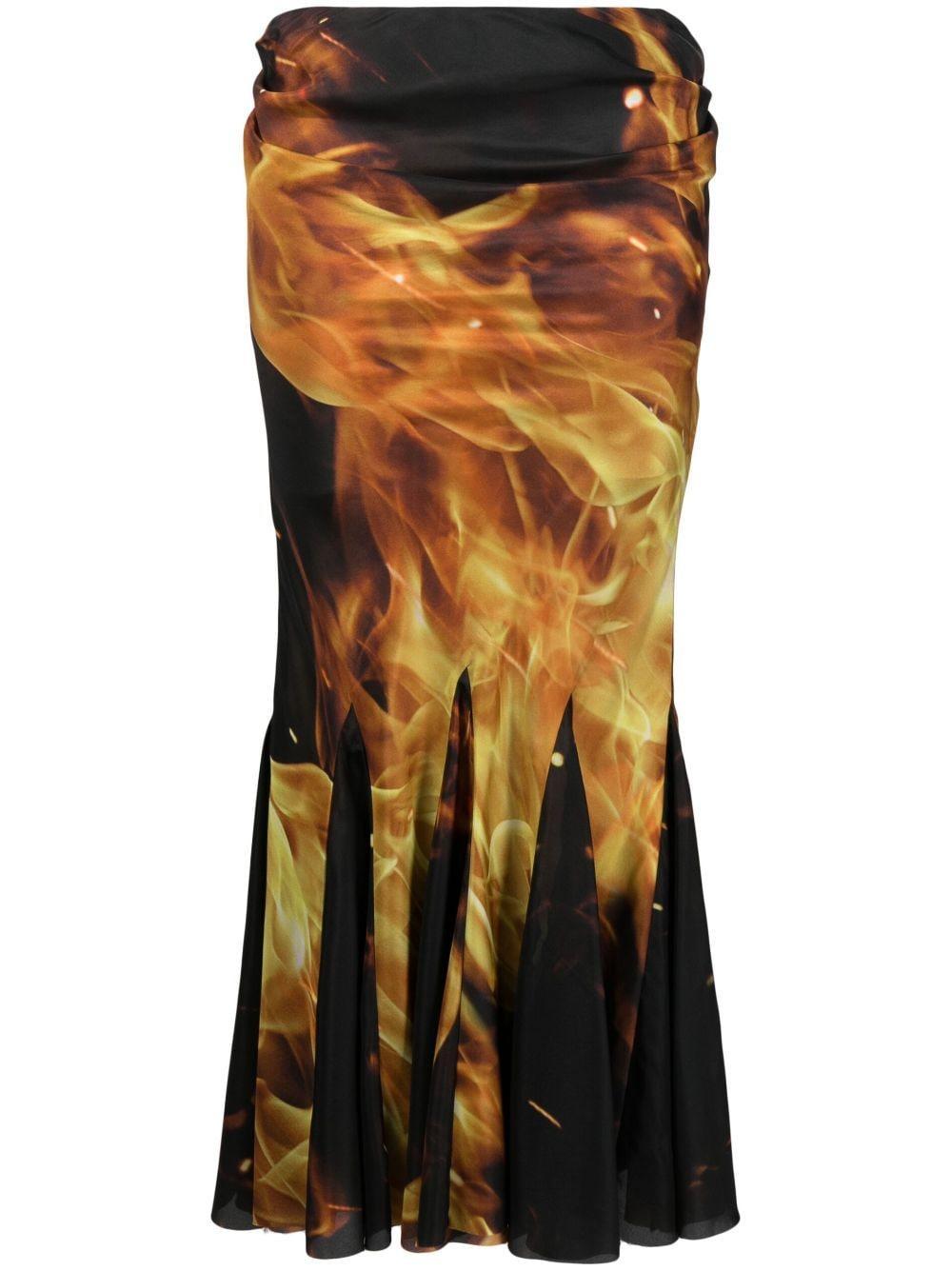 Fire-print Draped Midi Skirt In Black Product Image