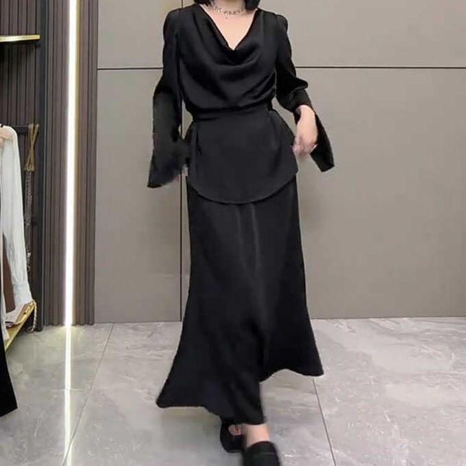 Set: Flared-Sleeve Cowl Neck Plain Blouse + High Rise Maxi Fishtail Skirt Product Image