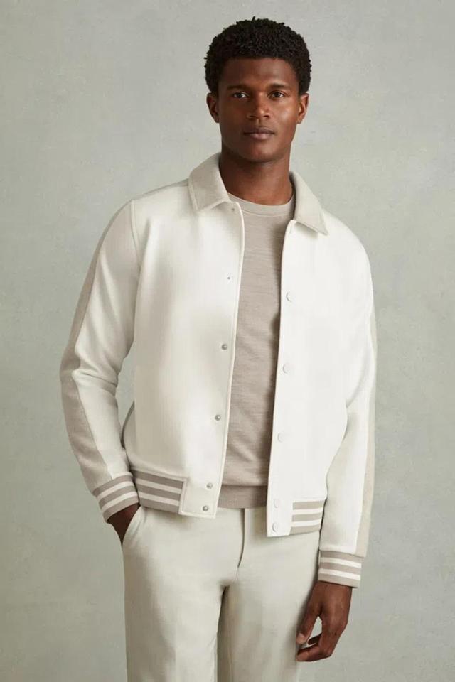 REISS Optic White/soft Grey Melange Arnold Hybrid Interlock Jersey Bomber Jacket Product Image