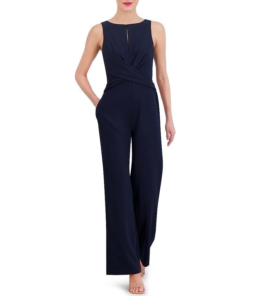 Vince Camuto Stretch Crepe Knit Keyhole Boat Neck Sleeveless Cross Front Jumpsuit Product Image