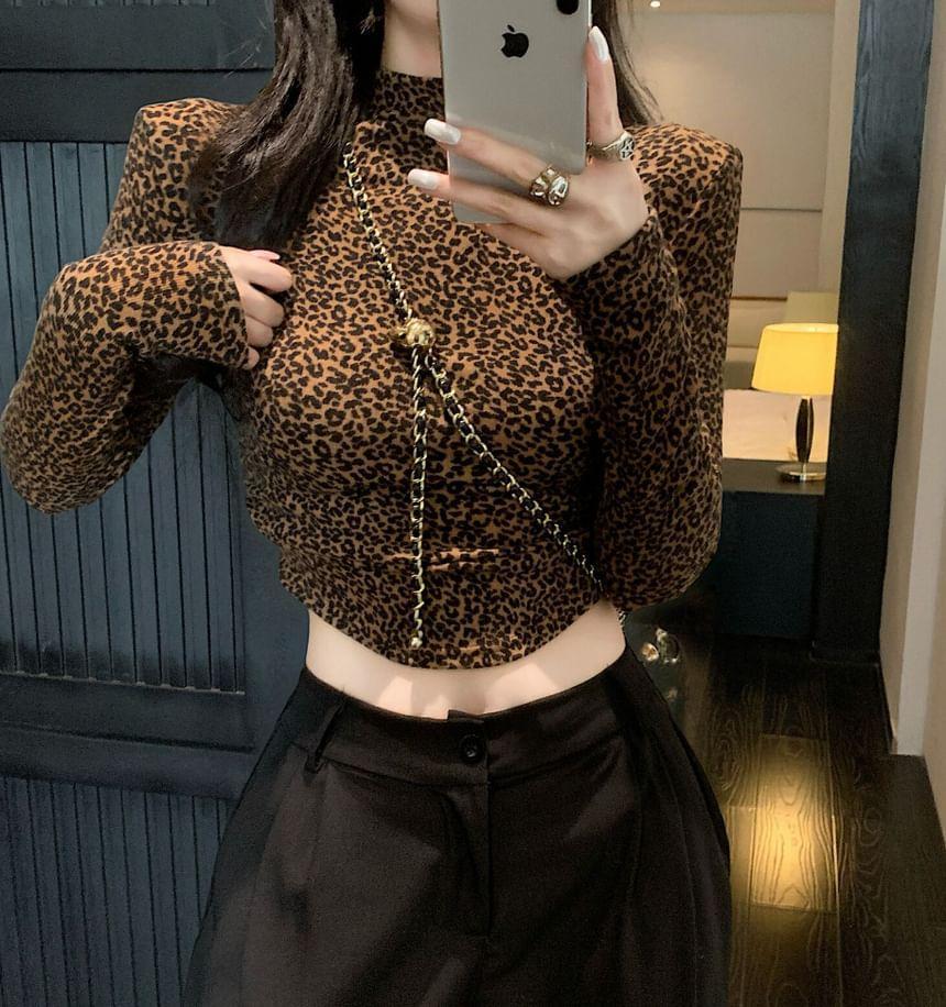 Long-Sleeve Mock Neck Leopard Print Crop Top Product Image