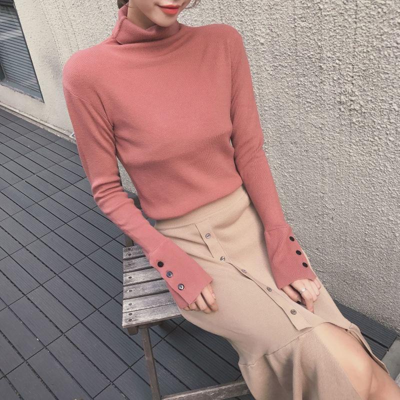 Long-Sleeve Mock Neck Plain Knit Top Product Image