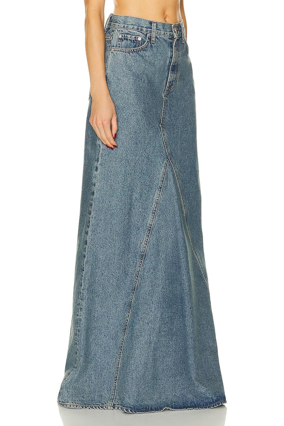 GRLFRND Fiona Godet Maxi Skirt in Blue. Product Image