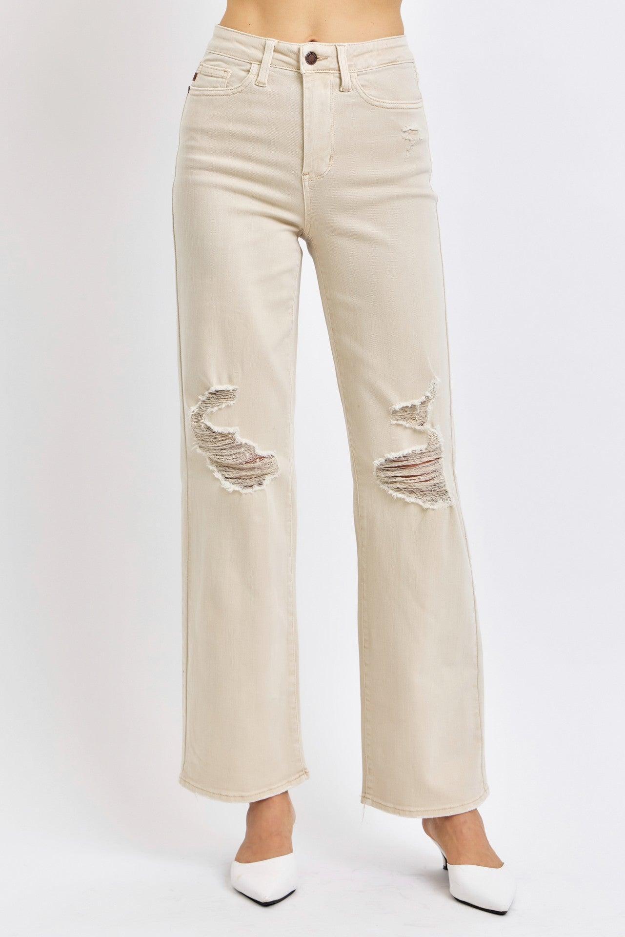 High Waist Destroyed Straight Jeans Product Image