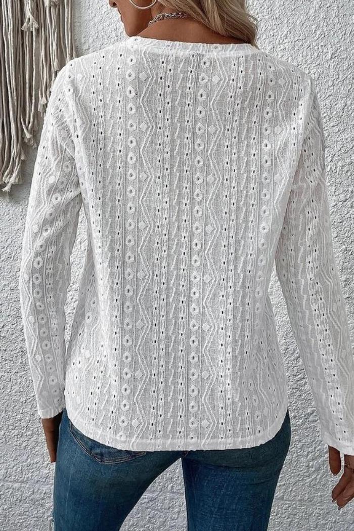 Women Long Sleeve Eyelet Punching Casual T-Shirt Female Product Image