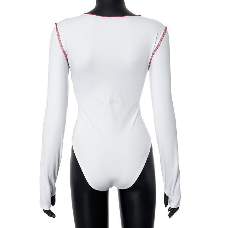 Long-Sleeve Crew Neck Plain Contrast Stitching Bodysuit Top Product Image