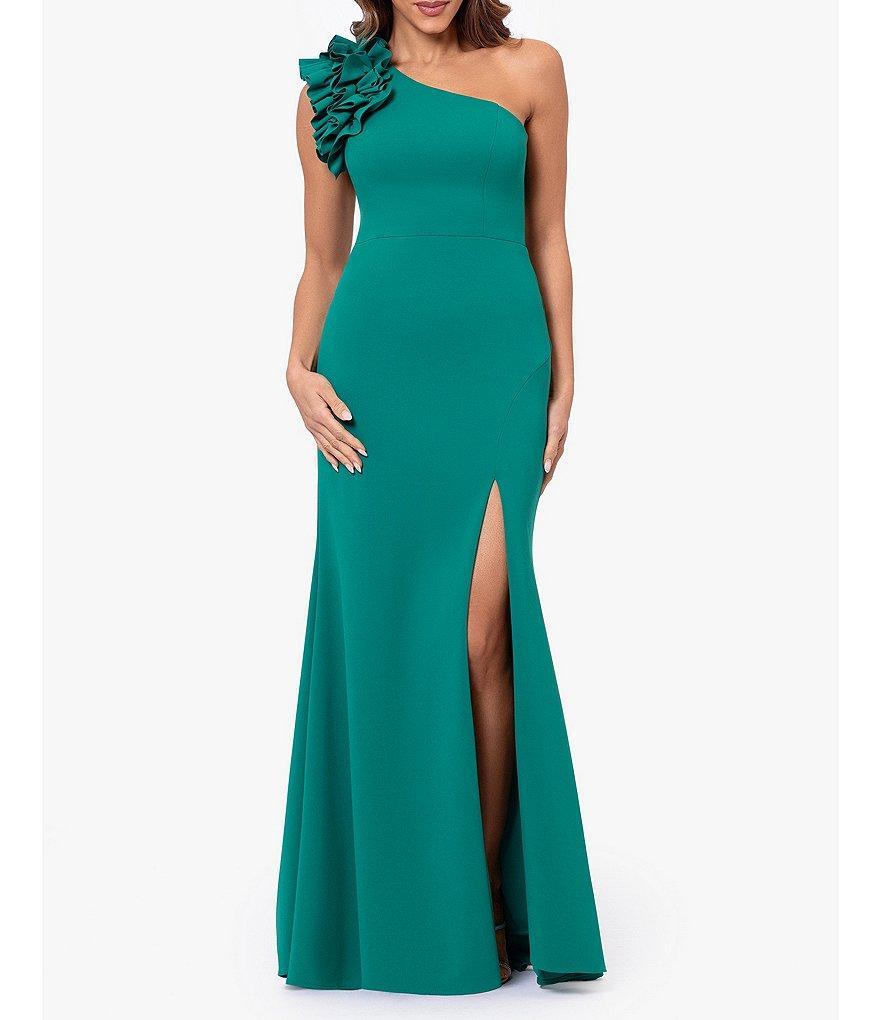 Xscape Scuba Crepe One Shoulder Sleeveless Ruffle Shoulder Gown Product Image