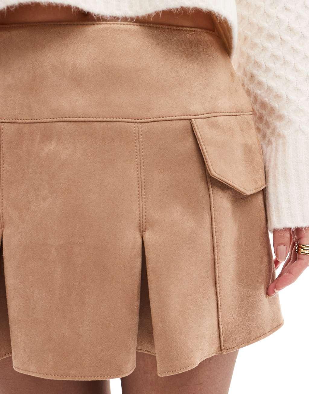 ASOS DESIGN faux suede pocket detail pleated mini skirt in tan Product Image