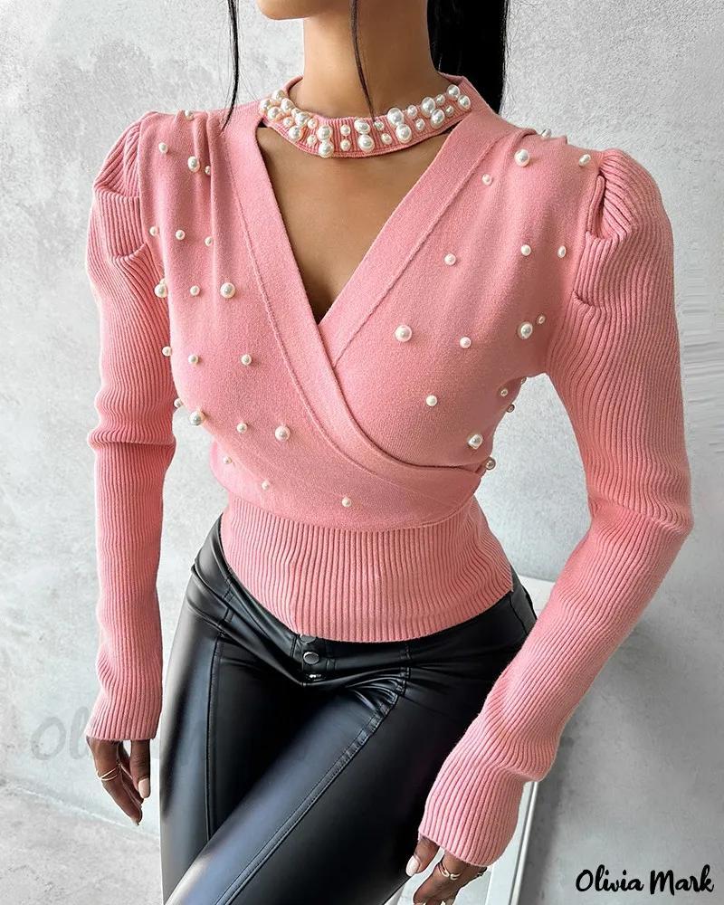 Olivia Mark – Keyhole Neck Beaded Knit Sweater Product Image