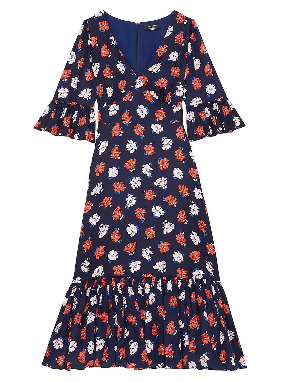 dotty floral-print bell-sleeve midi dress Product Image