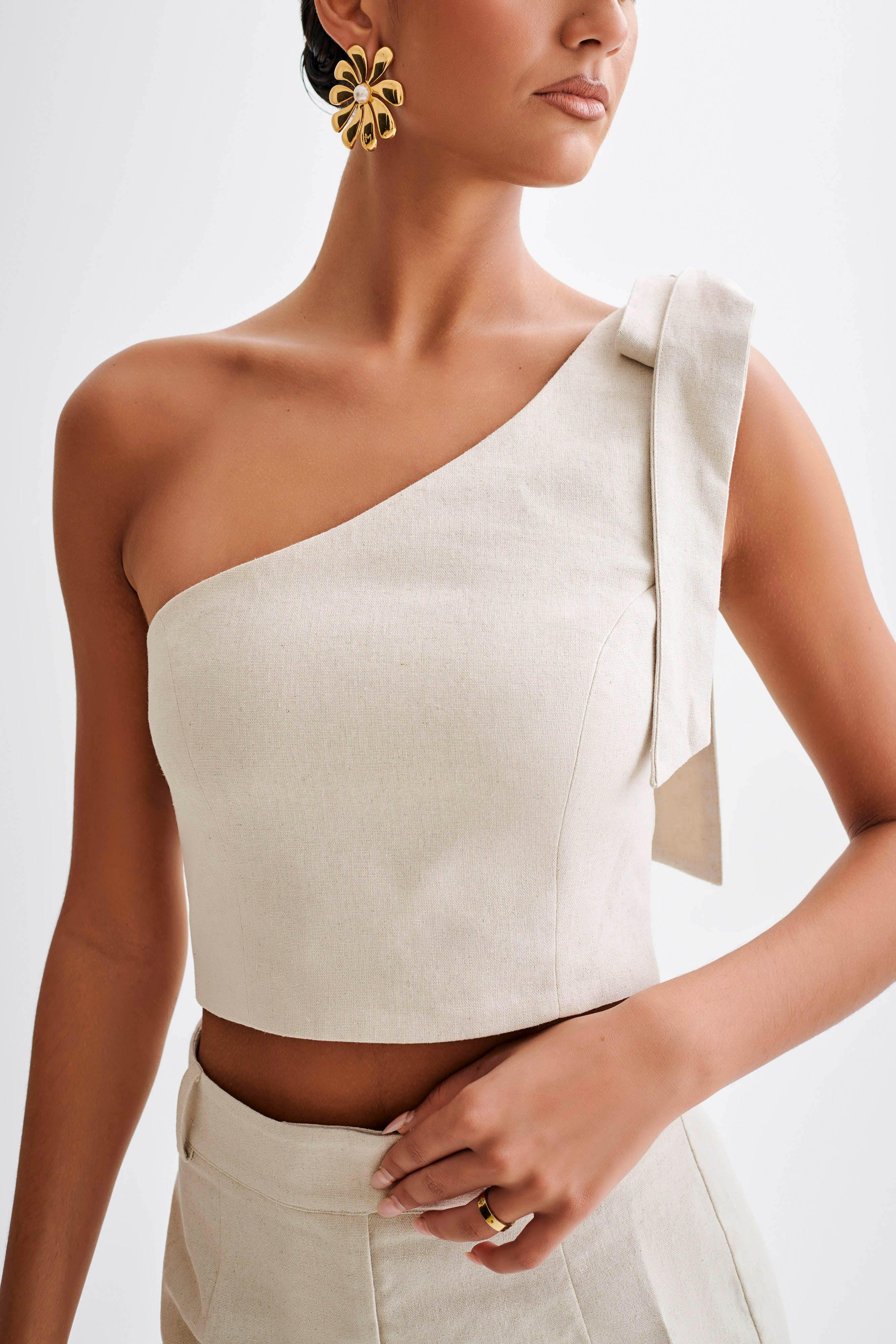 Venezia Linen One Shoulder Tie Top - Natural Product Image