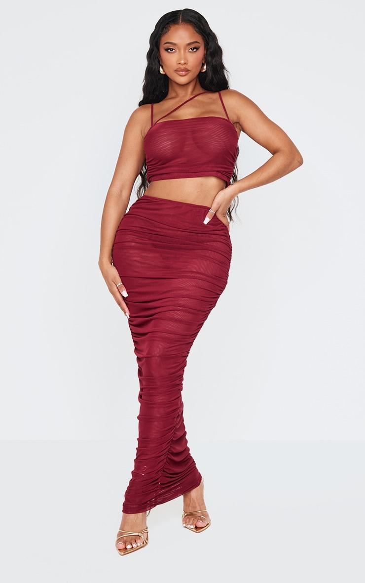 Shape Burgundy Mesh Strappy Ruched Crop Top Product Image