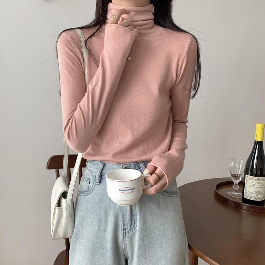 Long-Sleeve Turtleneck Plain Knit Top Product Image