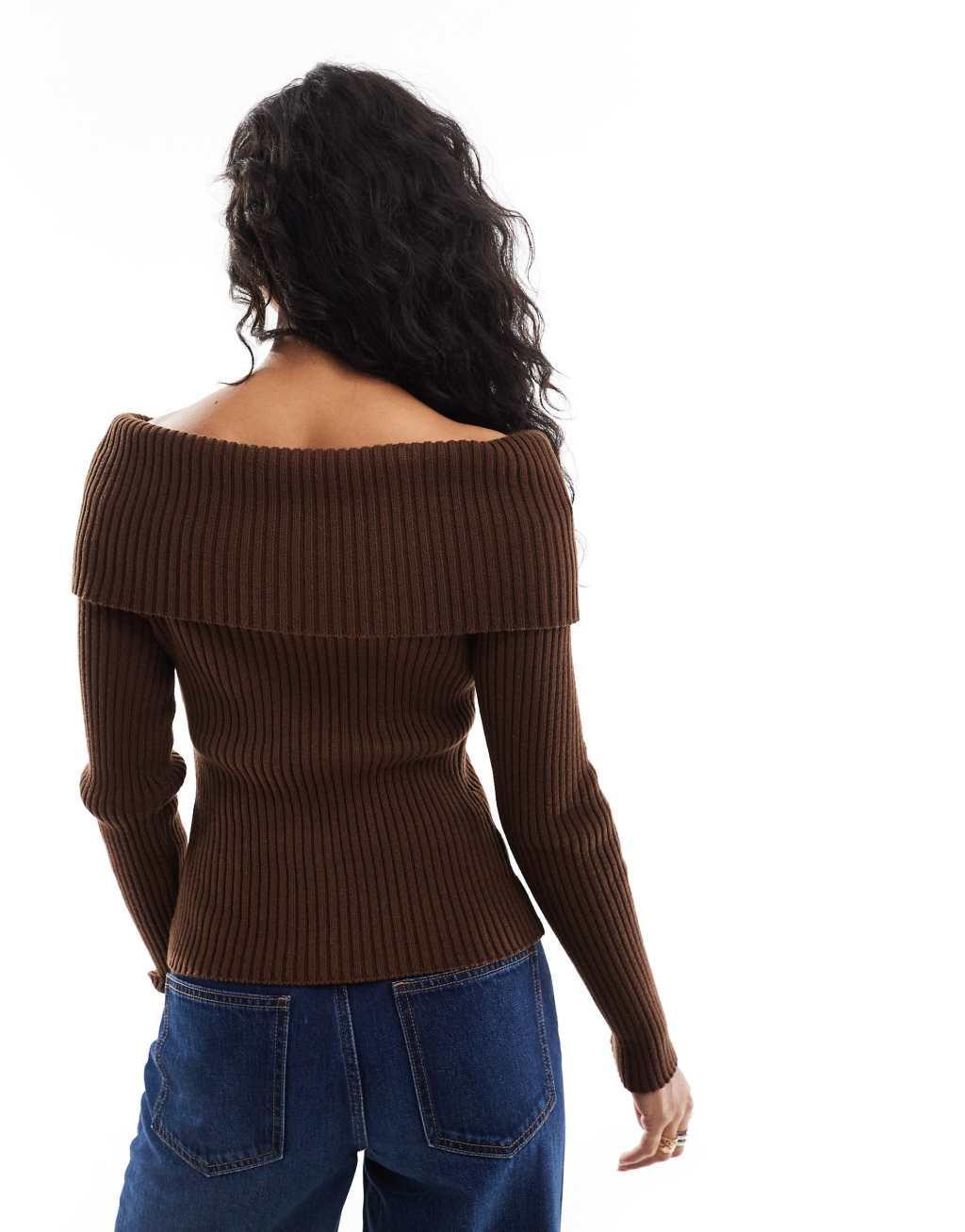 ASOS DESIGN knit fold over off the shoulder top in chocolate brown Product Image