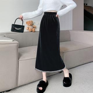 Elastic Waist Slit Faux Pearl Velvet Midi Straight Skirt Product Image