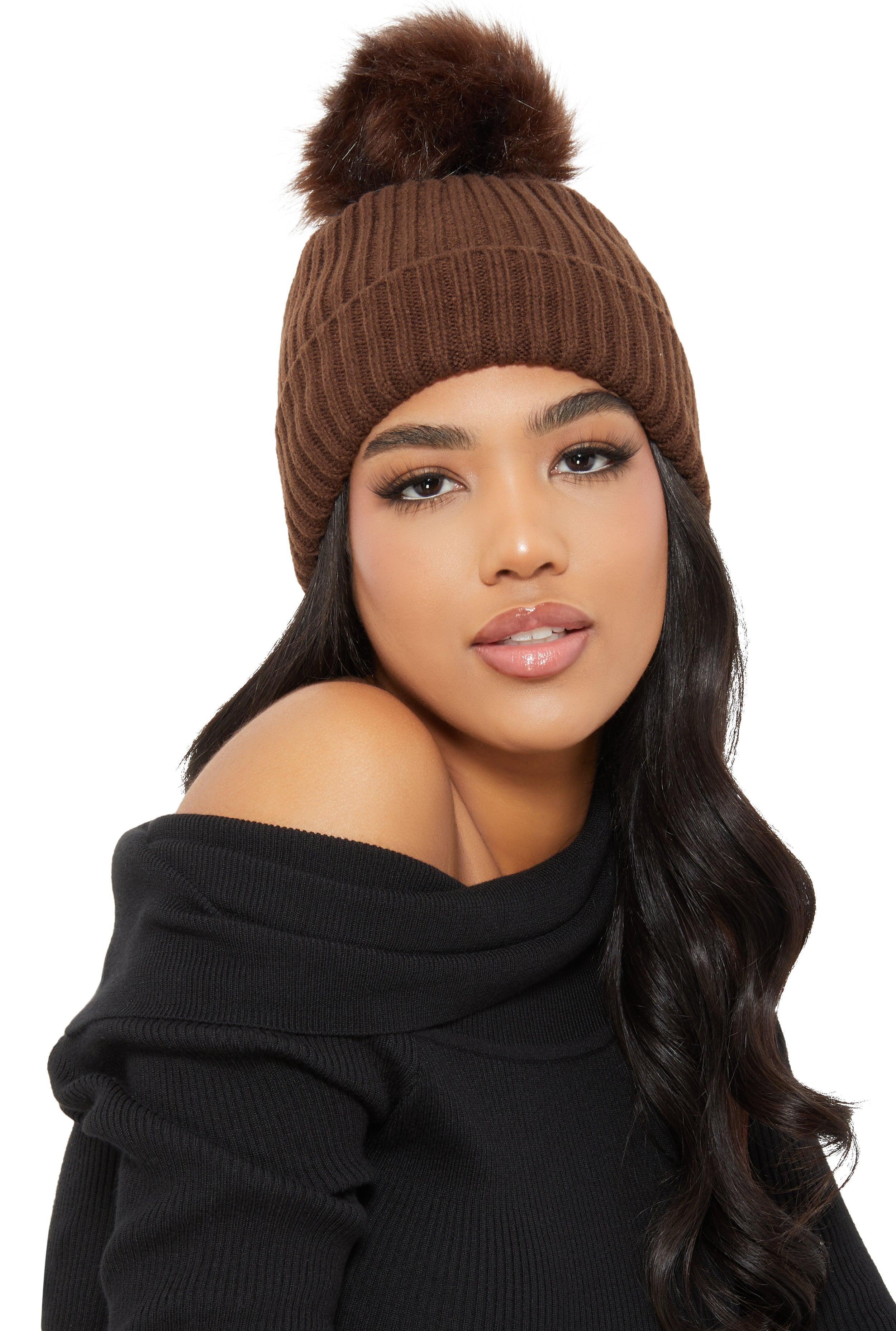 Womens Ribbed Knit Faux Fur Pom Pom Beanie product image