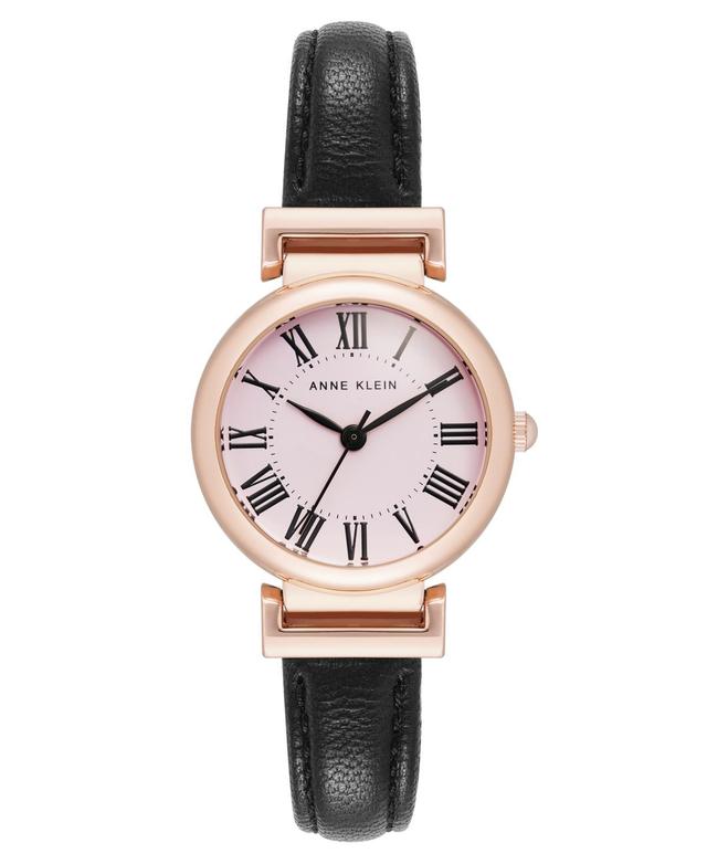 Anne Klein Womens Quartz Black Classic Leather and Rose Gold-Tone Alloy Metal Strap Watch - Black/Pink Product Image