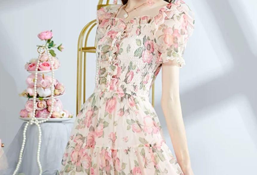 Puff-Sleeve Floral Ruffle Midi A-Line Dress Product Image