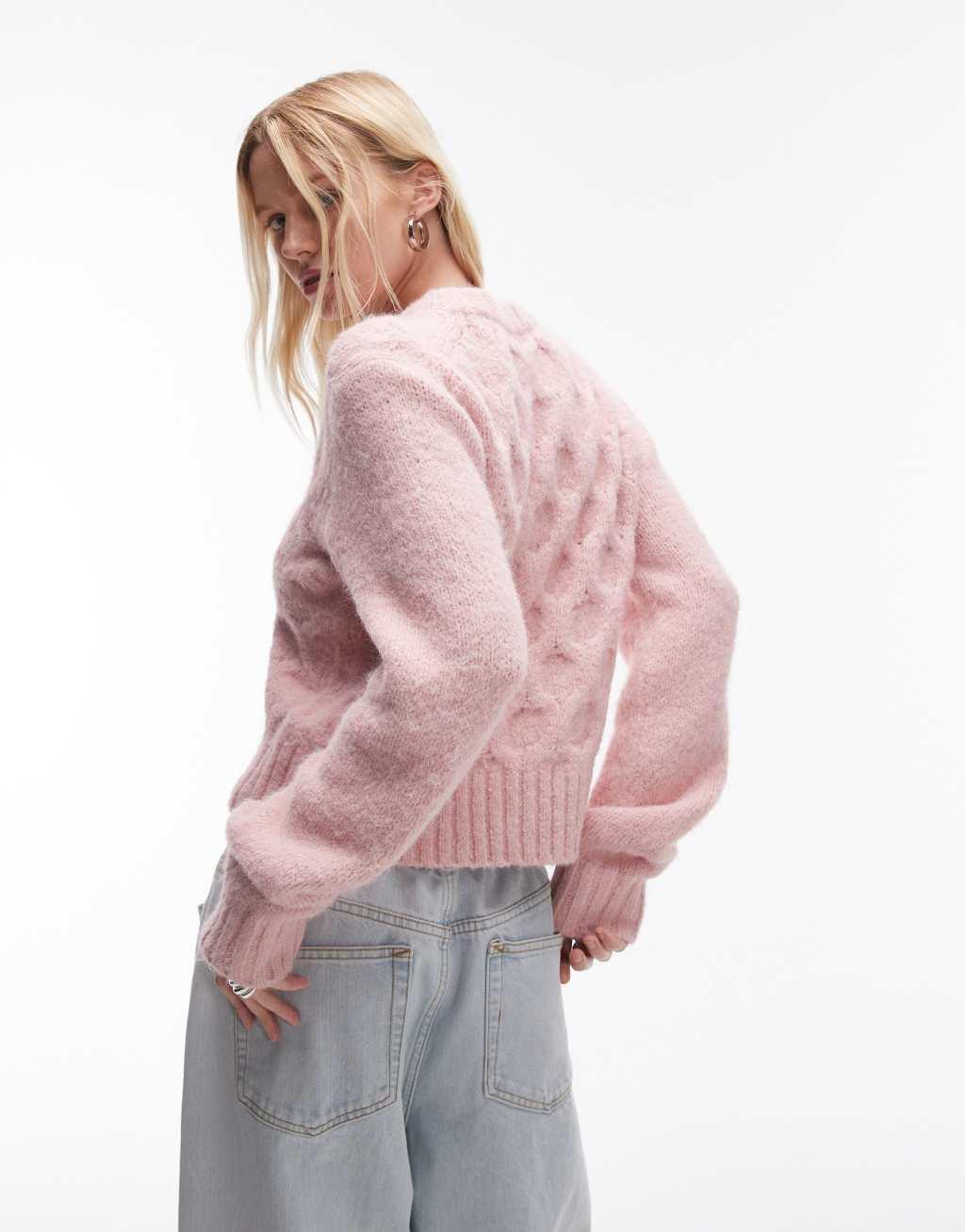 Topshop knitted cable stitch sweater in light pink Product Image