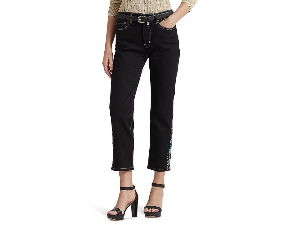 Lauren Ralph Lauren Beaded High-Rise Straight Cropped Jeans Rinse Wash (Black Rinse Wash) Women's Clothing Product Image