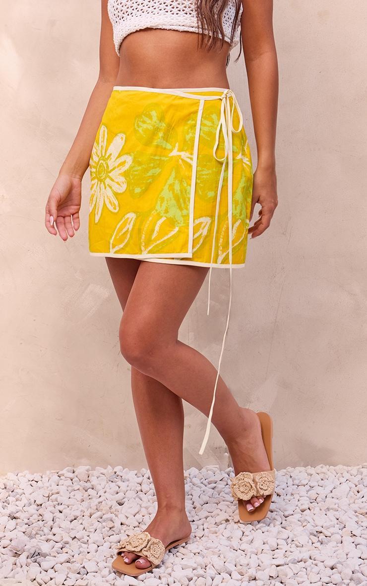 Yellow Printed Wrap Front Mini Skirt Product Image