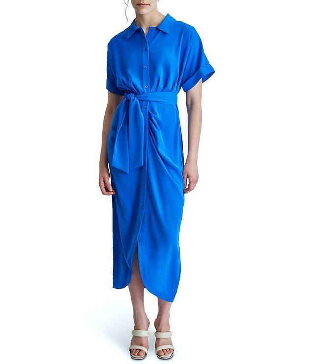 DKNY Crepe Collar Neck Short Sleeve Tie Waist Front Ruched Button Down Midi Dress Product Image