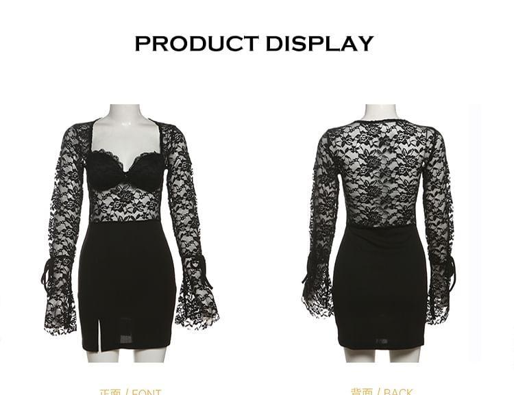 Flared-Sleeve Plain Lace Panel Mini Bodycon Dress Product Image