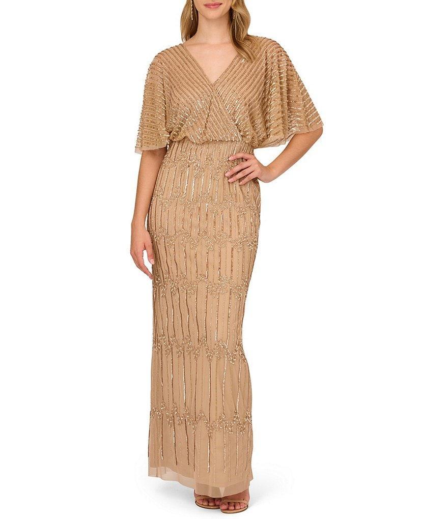 Adrianna Papell Beaded Short Flutter Sleeve V-Neck Blouson Gown Product Image