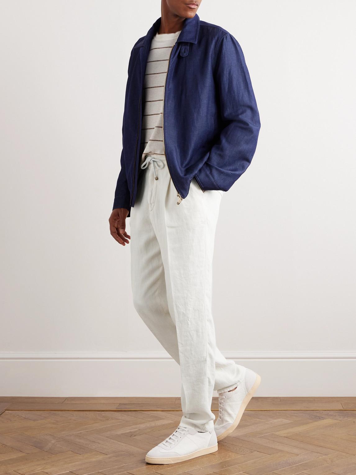 Straight-leg Pleated Linen-twill Drawstring Trousers In White Product Image