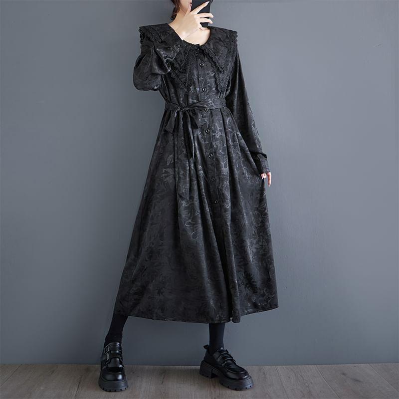 Long-Sleeve Collared Jacquard Midi A-Line Dress Product Image