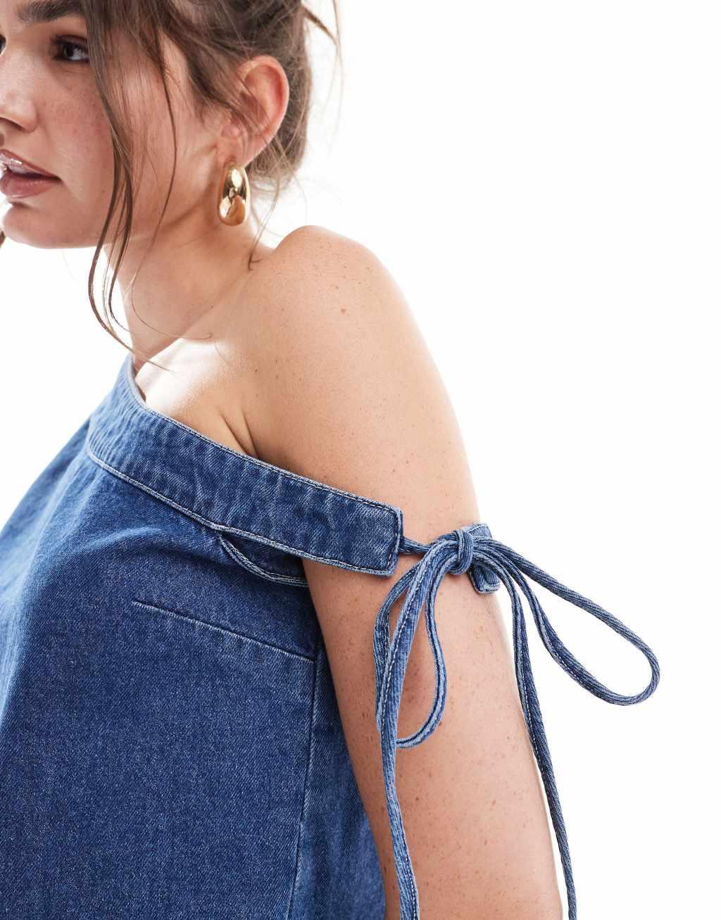 ASOS DESIGN denim one shoulder top in mid blue Product Image