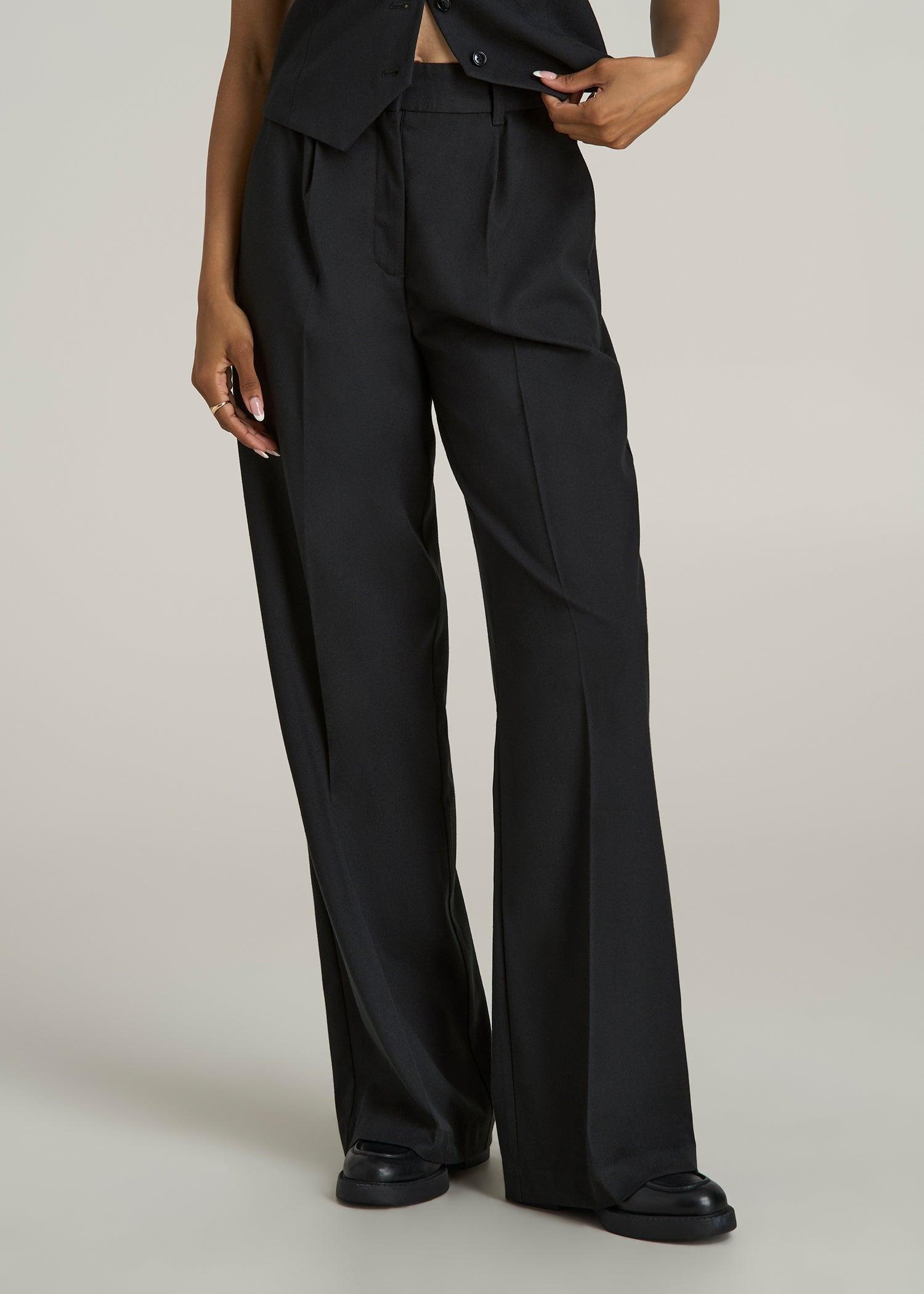 High-Rise Wide-Leg Pleated Dress Pants for Tall Women in Black Product Image