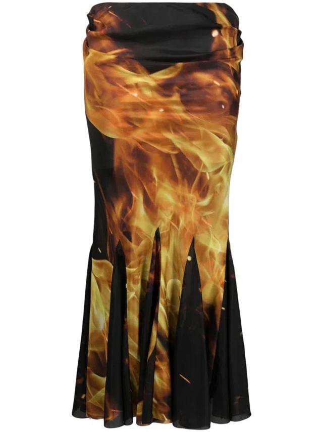 Fire-print Draped Midi Skirt In Black Product Image