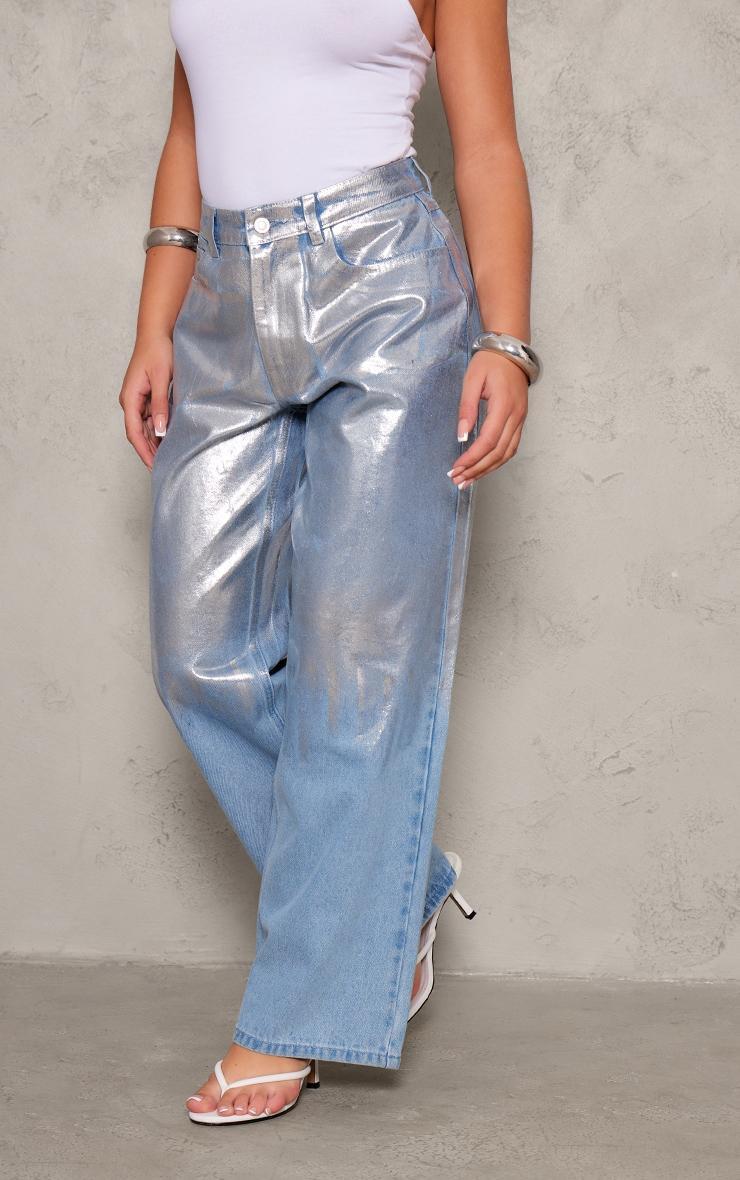 Silver Brushstroke Metallic Wide Leg Jeans Product Image