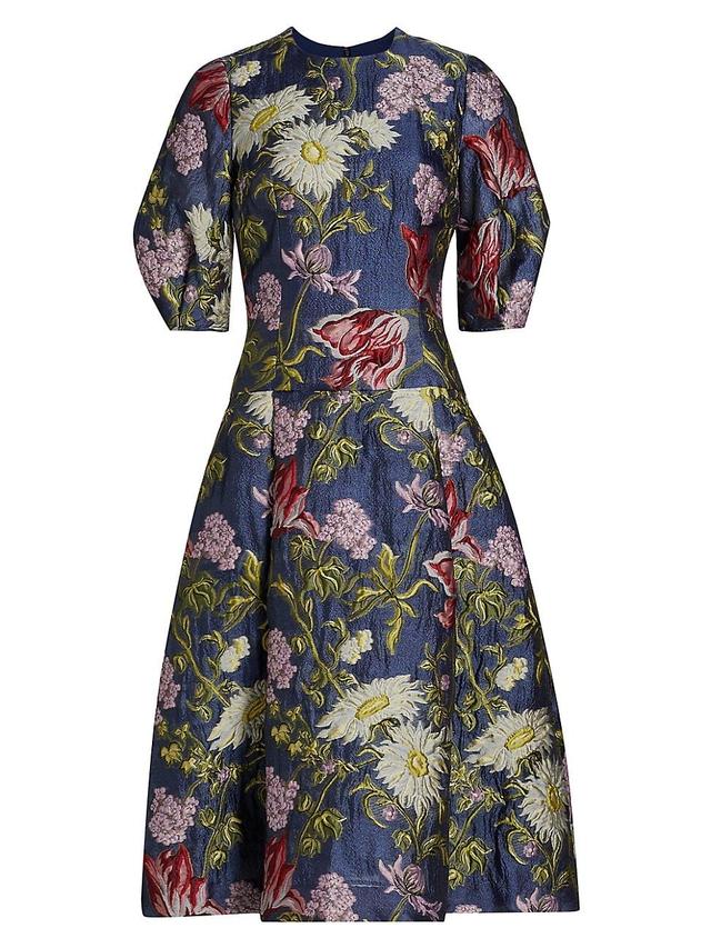 Womens Floral Jacquard Puff-Sleeve Cocktail Dress Product Image