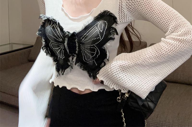 Long Sleeve Scoop Neck Butterfly Applique Knit Top Product Image