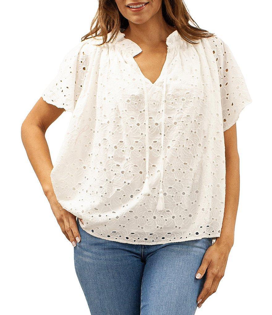 Karyn Seo Floral Eyelet V-Neck Short Flutter Sleeve Blouse Product Image