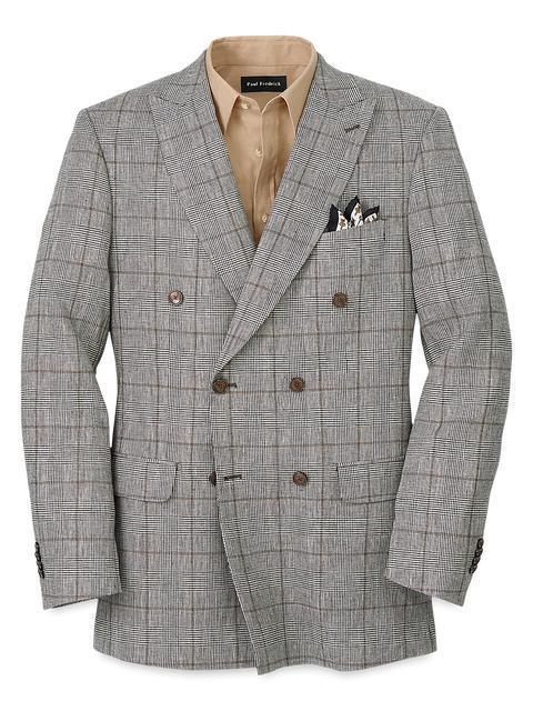 Linen Blend Plaid Double Breasted Peak Lapel Sport Coat - Grey/black Product Image