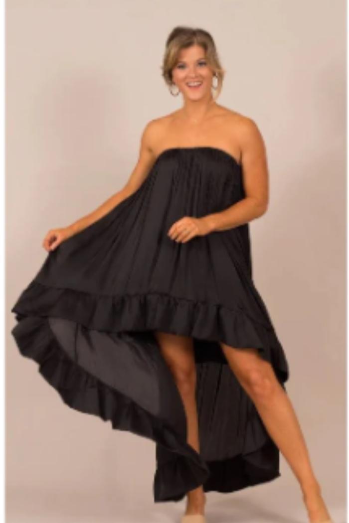 In Too Deep Satin Ruffle Strapless Dress- BLACK Product Image