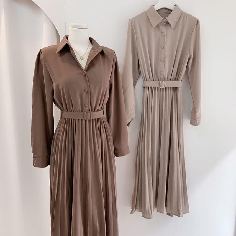 Long Sleeve Collared Plain Pleated Belted Button Midi A-Line Dress Product Image