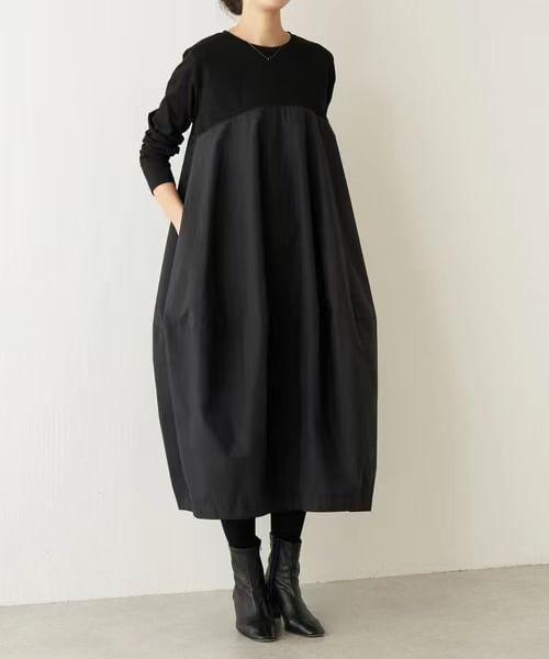 Long-Sleeve Crew Neck Plain Midi Smock Dress Product Image