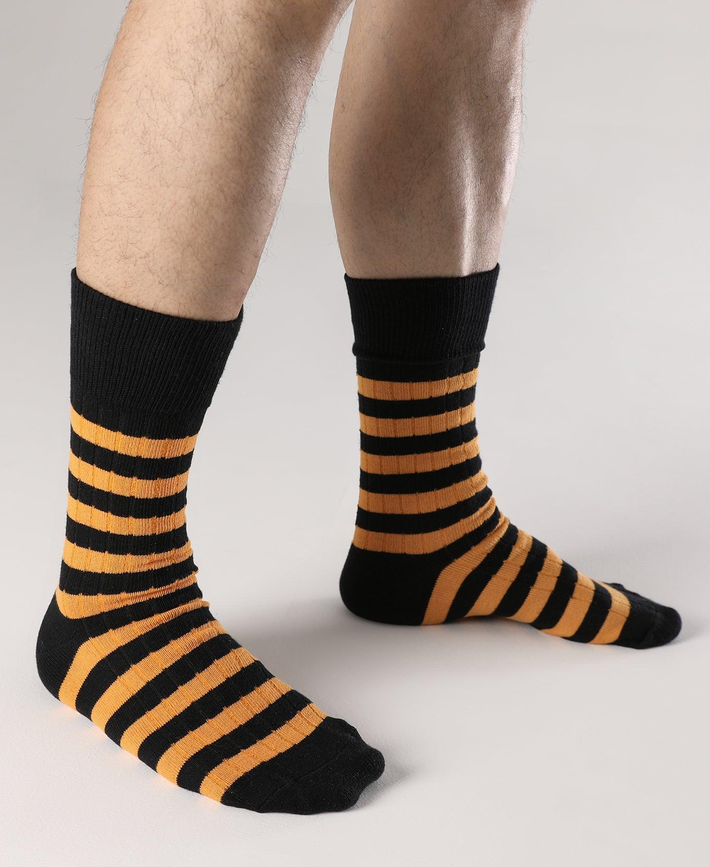 Retro Striped Cotton Socks - Black/Orange Product Image