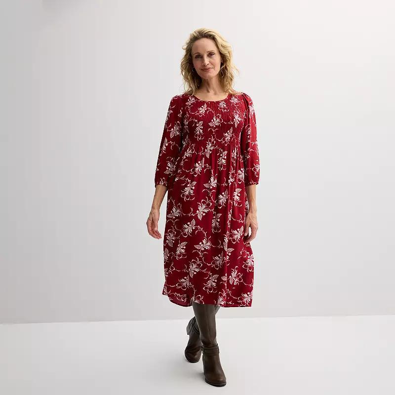 Petite Croft & Barrow 3/4 Sleeve Smocked Challis Dress, Womens Red Leaf Pile Product Image