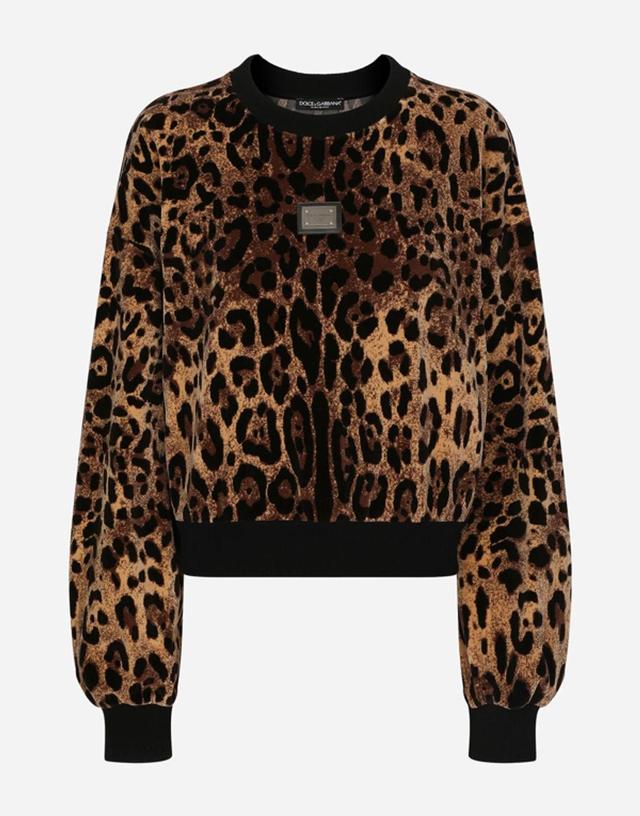 Round-neck Chenille Sweatshirt With Jacquard Leopard Design In Multicolor Product Image