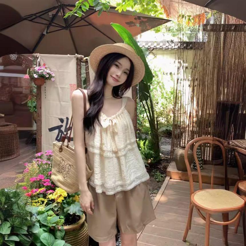 Tie-Front Plain Lace-Trim Loose-Fit Tank Top Product Image