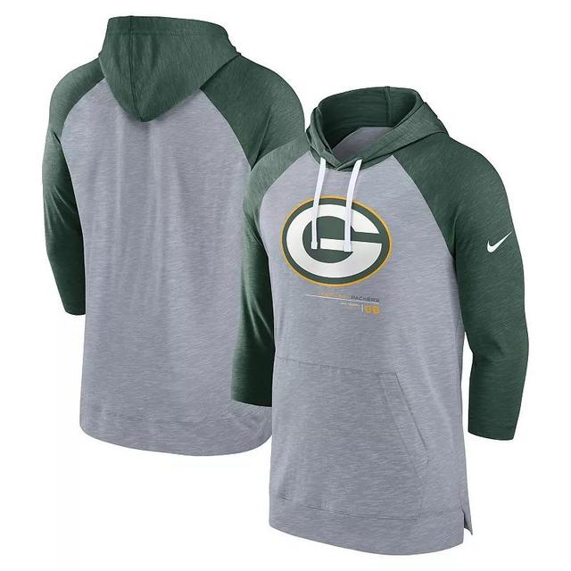 Mens Nike Heather Gray Green Bay Packers Raglan 3/4-Sleeve Pullover Hoodie - Heather Gray Product Image